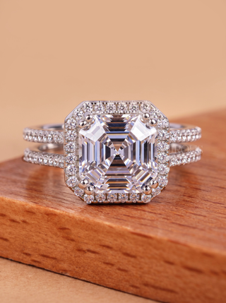 2.0CT Asscher Unique Halo Double Band Diamond Engagement Ring
