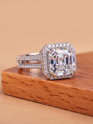 2.0CT Asscher Unique Halo Double Band Diamond Engagement Ring