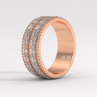 Round & Emerald Cut Diamond Unique Wide Moissanite Wedding Band