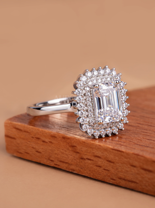 2.0CT Emerald Cut Double Halo Unique Engagement Ring for Women