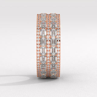 Round & Emerald Cut Diamond Unique Wide Moissanite Wedding Band