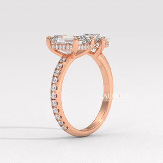 1.0CT Emerald & Pear Diamond Open Style Pave Two Stone Engagement Ring