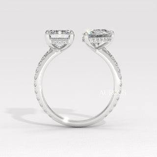 1.0CT Emerald & Pear Diamond Open Style Pave Two Stone Engagement Ring