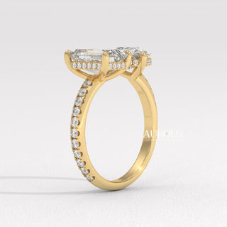 1.0CT Emerald & Pear Diamond Open Style Pave Two Stone Engagement Ring