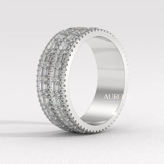 Round & Emerald Cut Diamond Unique Wide Moissanite Wedding Band