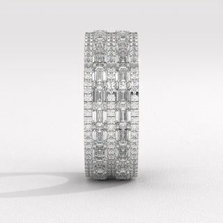 Round & Emerald Cut Diamond Unique Wide Moissanite Wedding Band