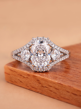 1.50CT Oval Moissanite Three Stone Split Shank Engagement Ring