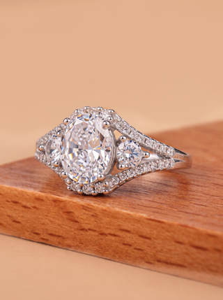 1.50CT Oval Moissanite Three Stone Split Shank Engagement Ring
