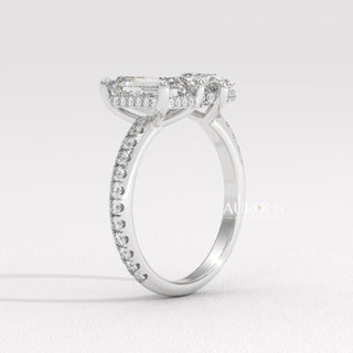 1.0CT Emerald & Pear Diamond Open Style Pave Two Stone Engagement Ring