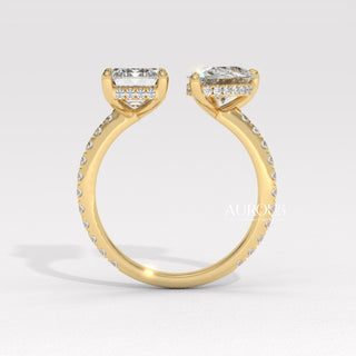 1.0CT Emerald & Pear Diamond Open Style Pave Two Stone Engagement Ring
