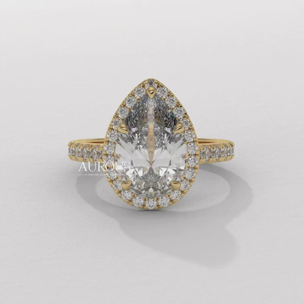 pear diamond halo ring, yellow gold pear ring, dainty pear shaped diamond ring, elegant pear diamond ring