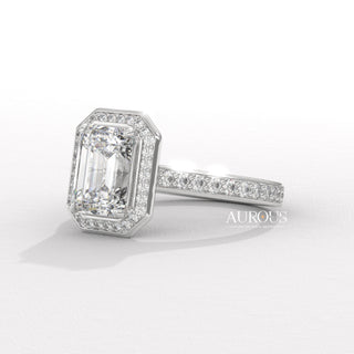 1.50CT Emerald Cut Halo Pave Setting Moissanite Engagement Ring