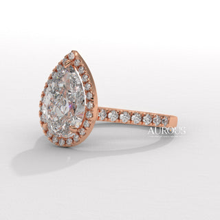 pear diamond halo ring, yellow gold pear ring, dainty pear shaped diamond ring, elegant pear diamond ring