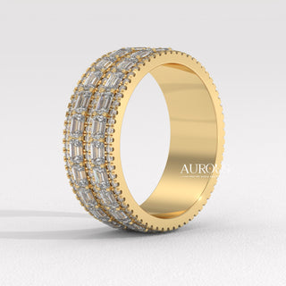 Round & Emerald Cut Diamond Unique Wide Moissanite Wedding Band