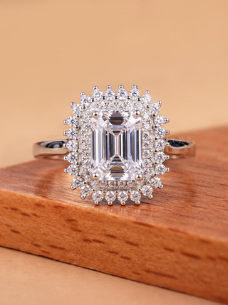 2.0CT Emerald Cut Double Halo Unique Engagement Ring for Women