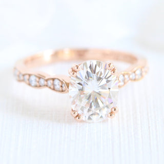 Moissanite engagement rings with hidden halo and filigree