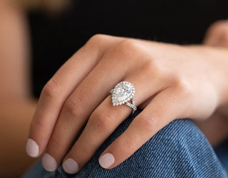 4.01ct Pear Cut Halo Moissanite Split Shank Diamond Engagement Ring