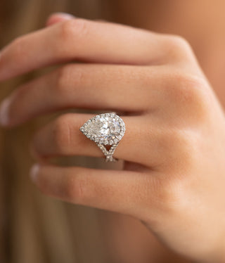 4.01ct Pear Cut Halo Moissanite Split Shank Diamond Engagement Ring