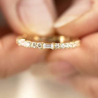 Moissanite engagement rings with minimalist mixed metal accents